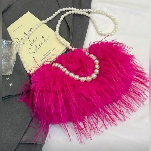 NWT Hot Pink Super Fluffy Faux Fur Double Pearl Chain Cross Body Clutch Handbag - Picture 7 of 11